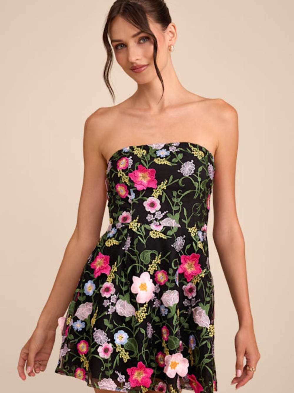 Lulus Caprice Black Multi Floral Embroidered Mini Dress - Size L